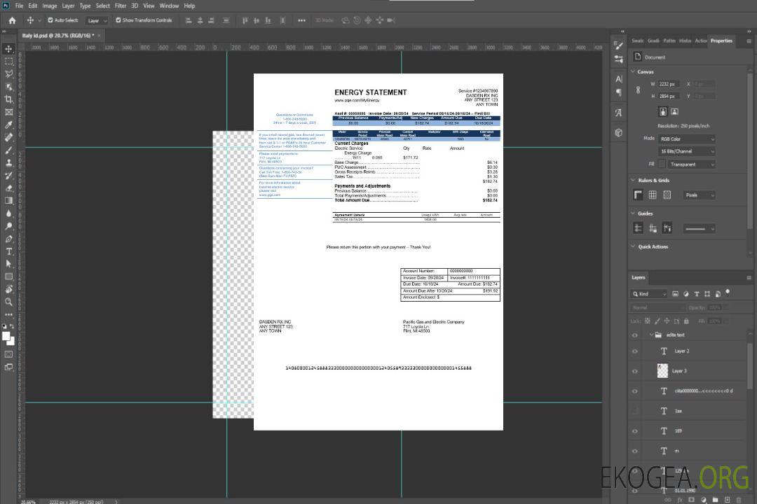 Modèle de facture de services publics des États-Unis, Californie, PG&E (Pacific Gas and Electric Company), aux formats Word et PDF, version 2 template